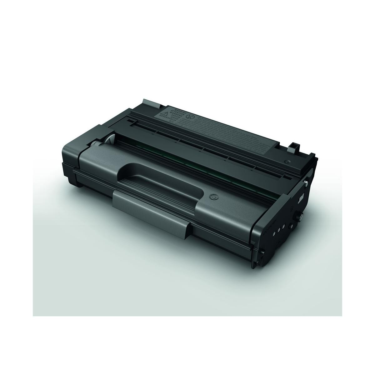 Una cartuccia toner laser nera su sfondo grigio.