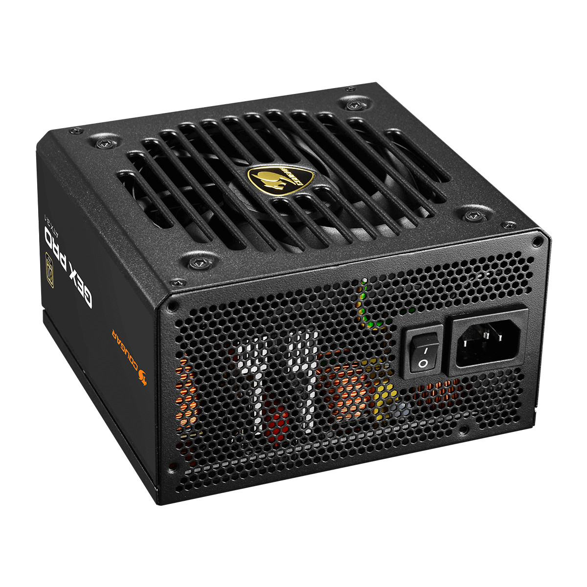 Fuente de alimentación negra para ordenador con rejilla de ventilador, logo Cougar, interruptor y entrada AC.