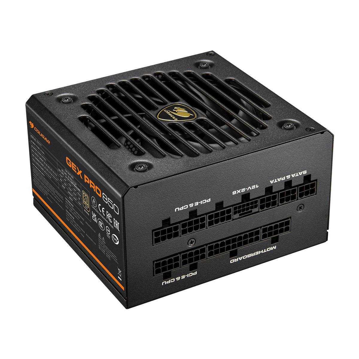 Fuente de alimentación negra con rejilla de ventilador y conectores: GEX PRO 850.