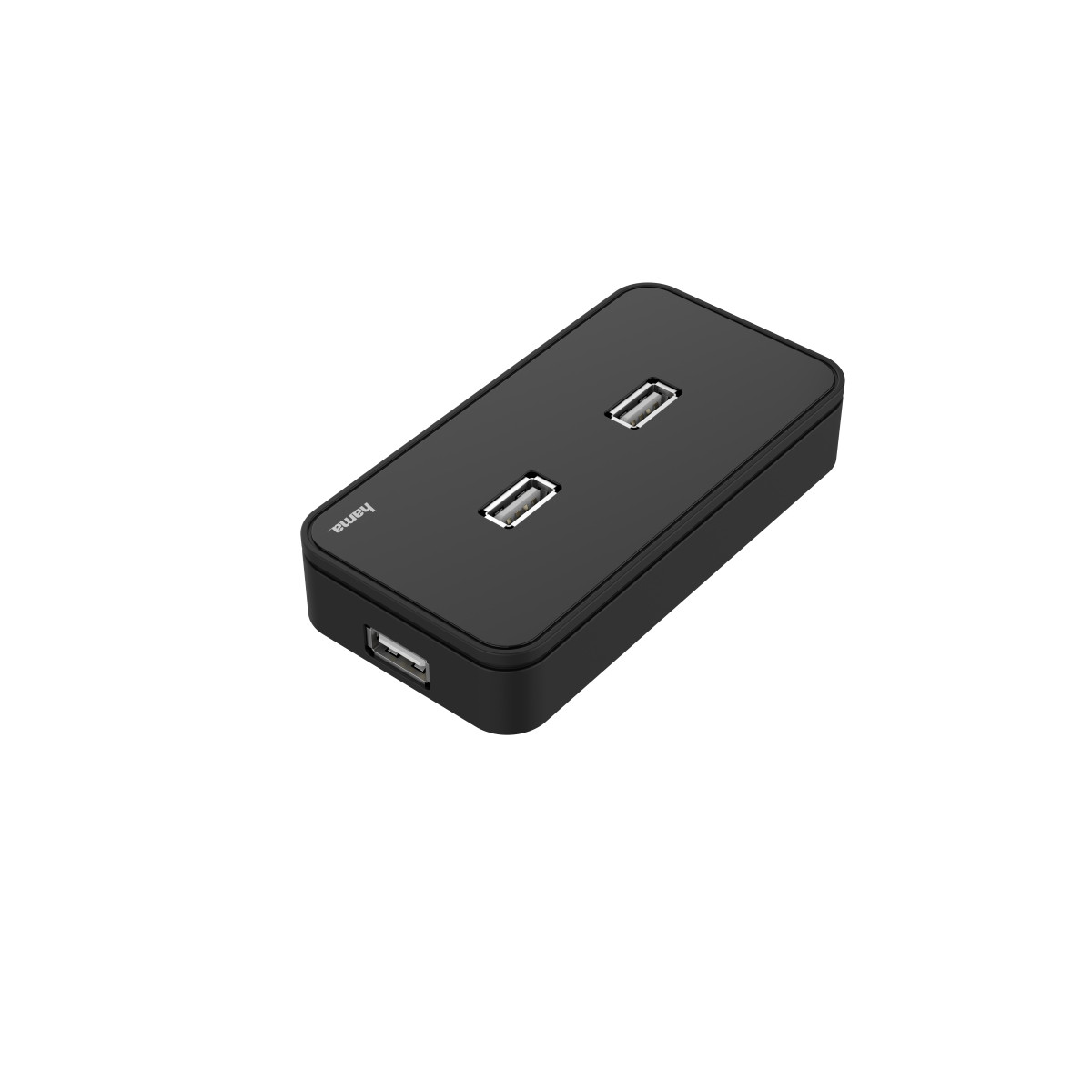 Schwarzer USB-Hub mit drei Anschlüssen auf weißem Hintergrund.
