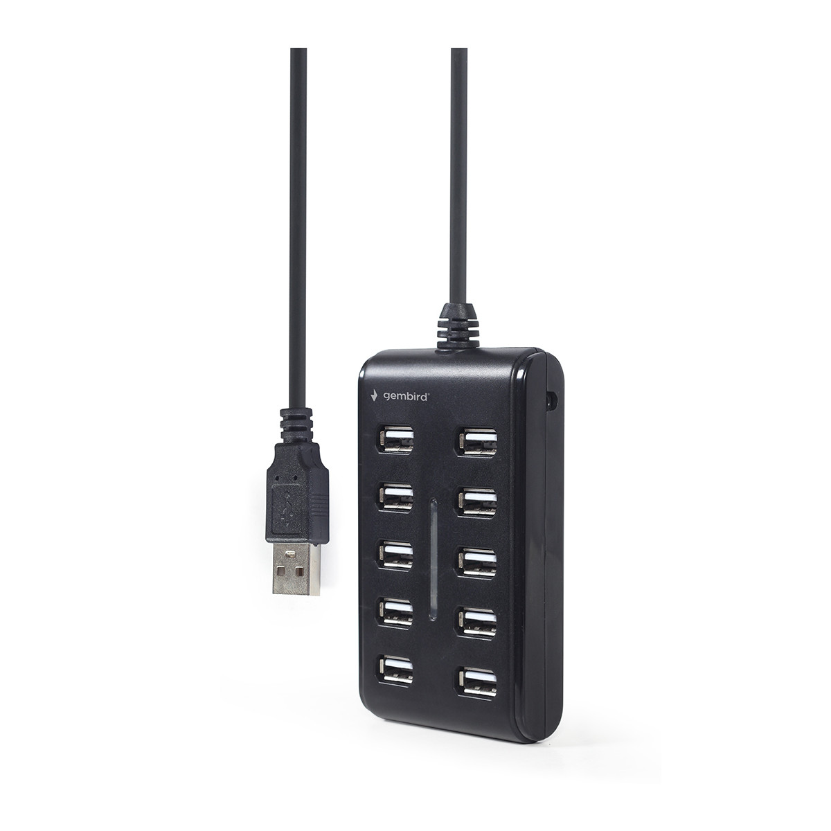 Black 10-port USB hub with attached USB cable on a white background.