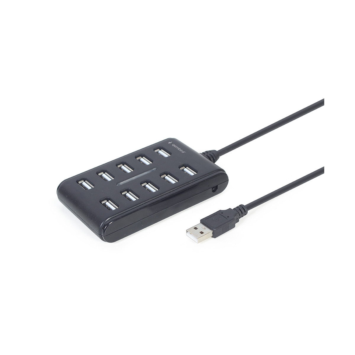 A black 7-port USB hub with a connected USB cable on a white background.