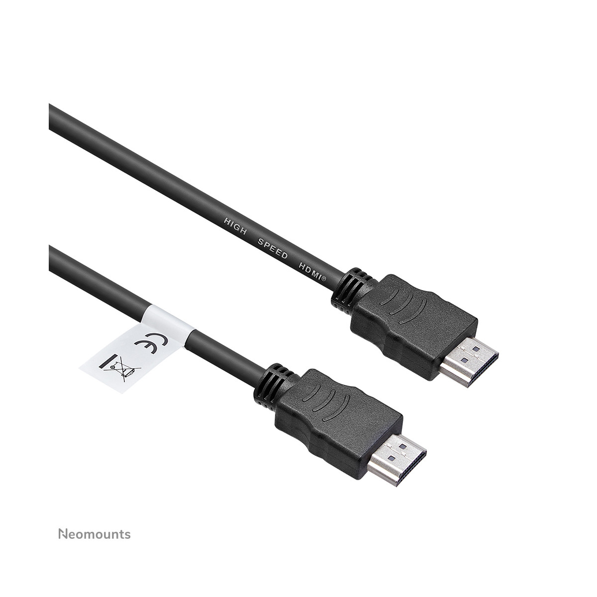 Twee zwarte HDMI-kabels met 'HIGH SPEED HDMI'-tekst en CE-markering.