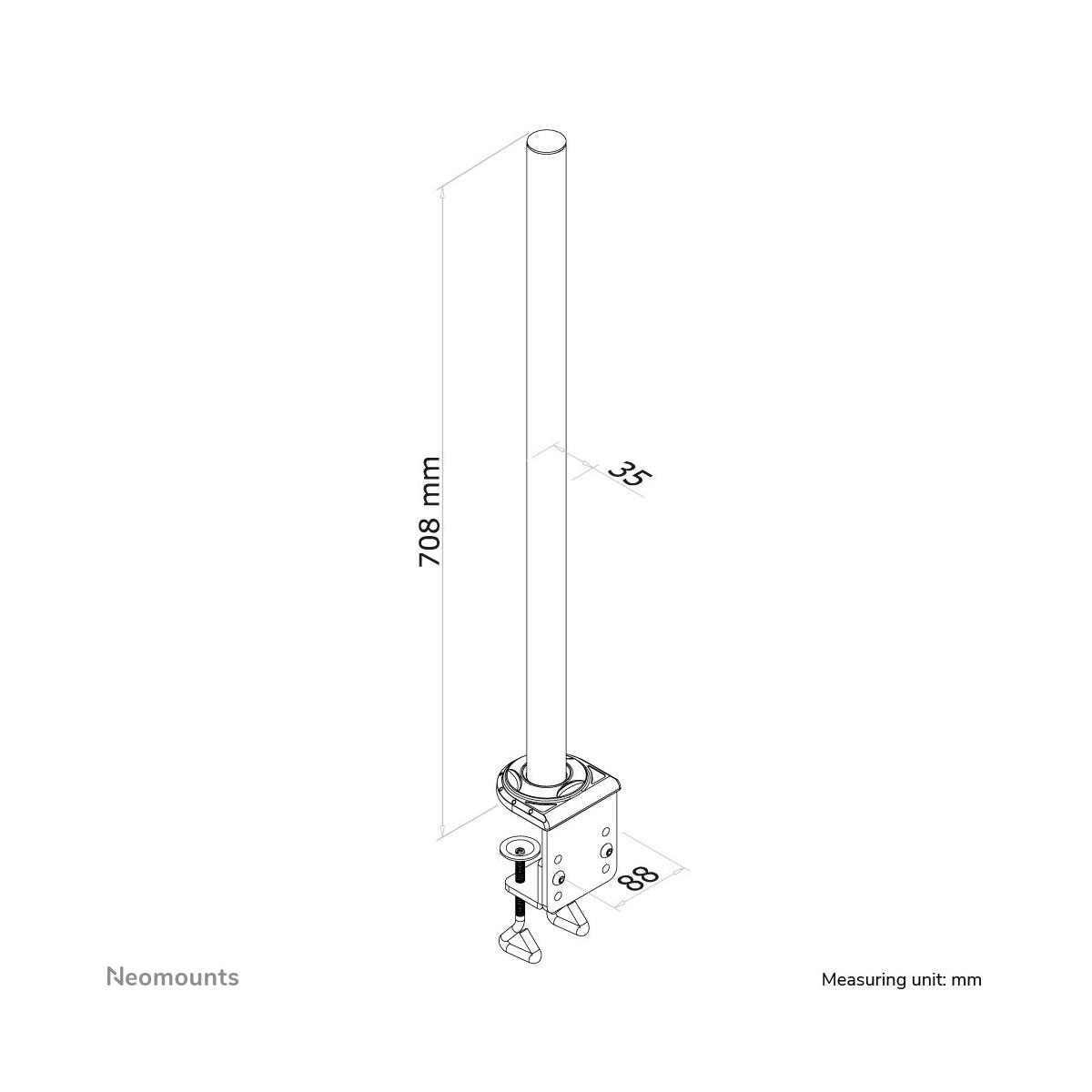 Dessin technique d'une tige avec pince. Dimensions : 708 mm H, 35 mm diamètre, 88 mm pince.