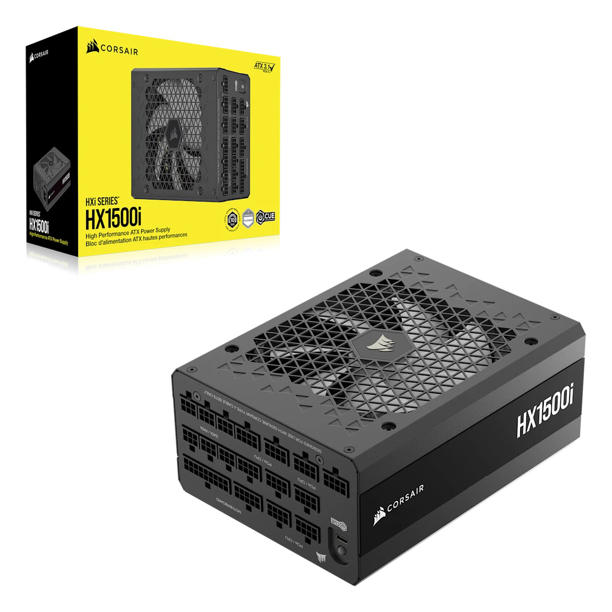 Alimentation Corsair HX1500i et sa boîte jaune ATX 3.1 sur fond blanc.