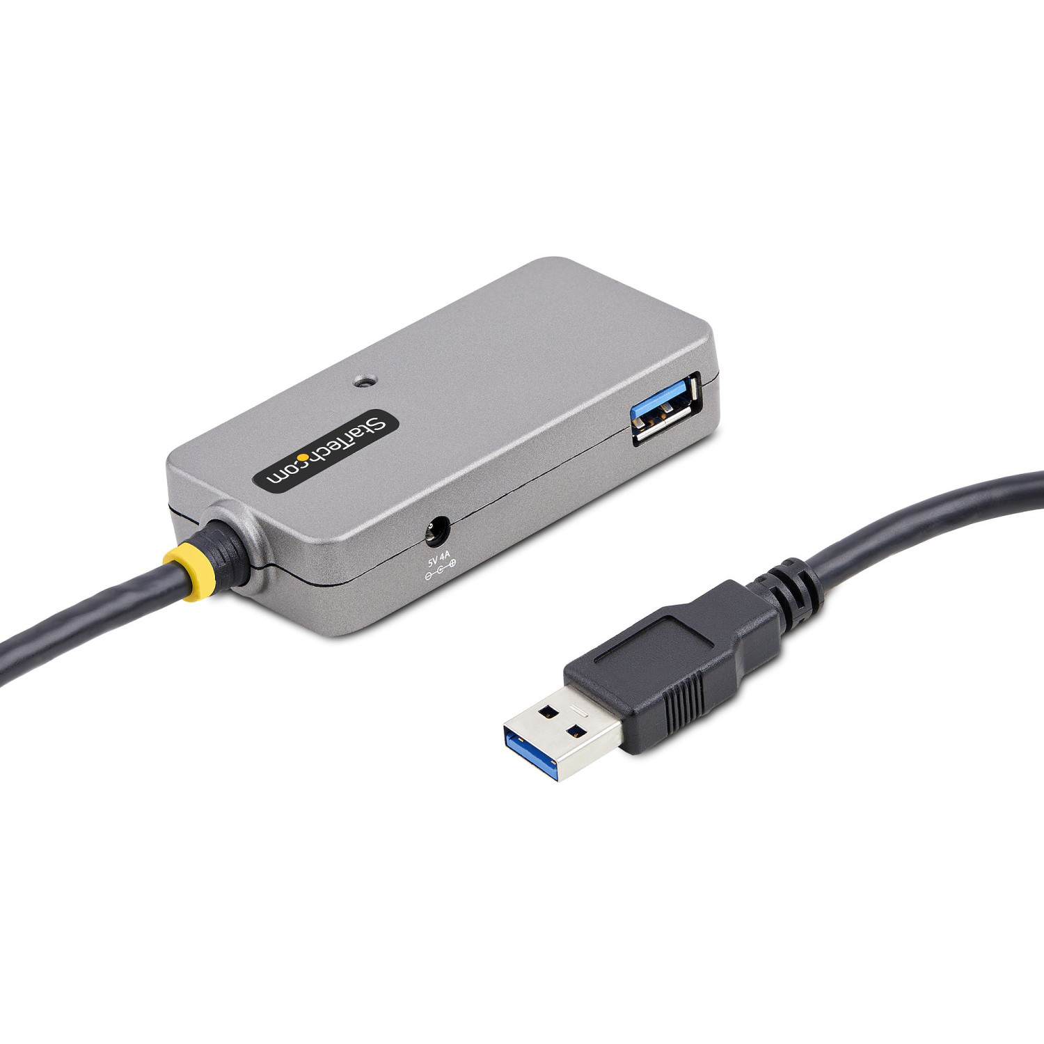 Un concentrador USB gris con un puerto USB-A y un cable sobre fondo blanco.