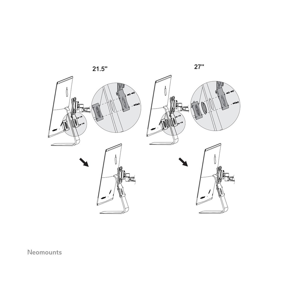 Diagram toont monitorbeugel voor 21,5 en 27 inch schermen.
