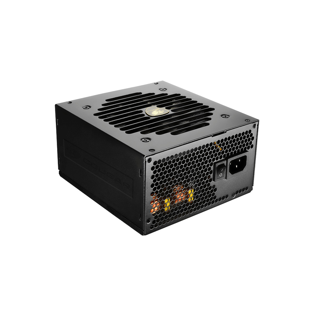 Black power supply unit with fan grill and on/off switch on a white background.