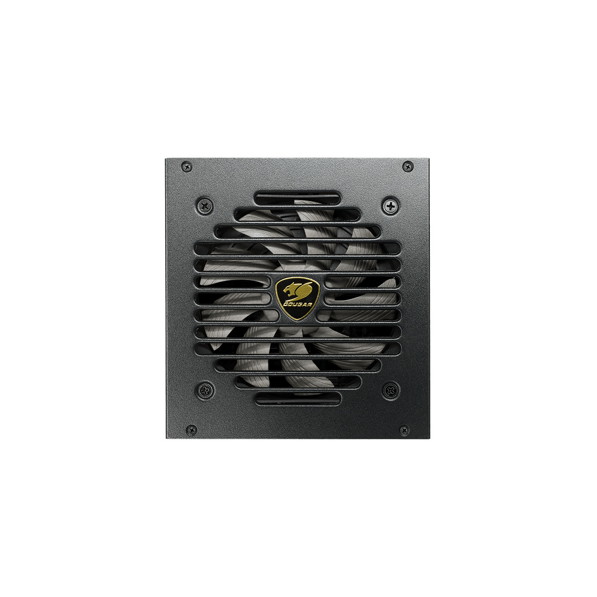 A black power supply unit with a golden Cougar logo on the fan grille.
