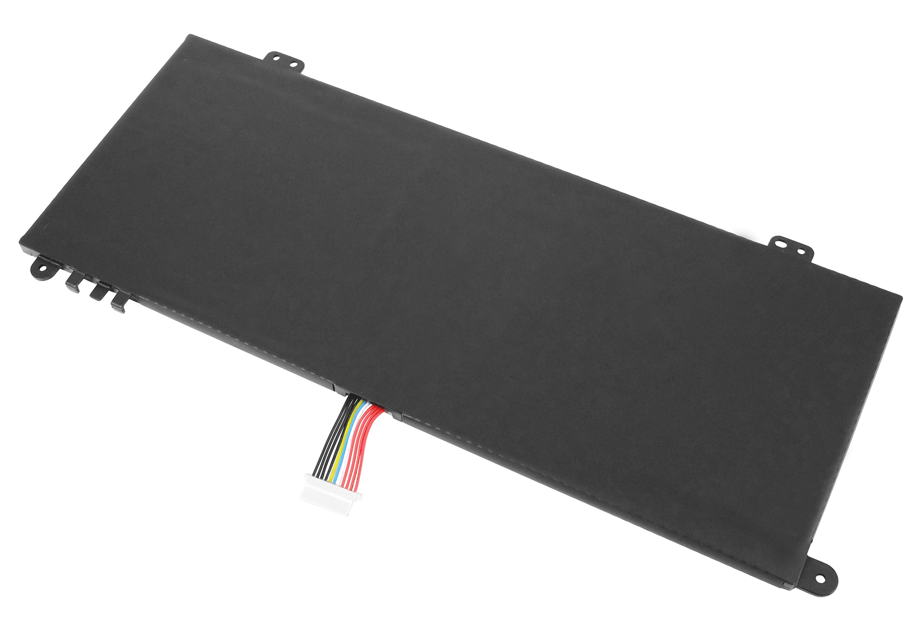 Schwarzer Laptop-Akku mit farbigen Kabeln und Anschlüssen, auf weißem Hintergrund.
