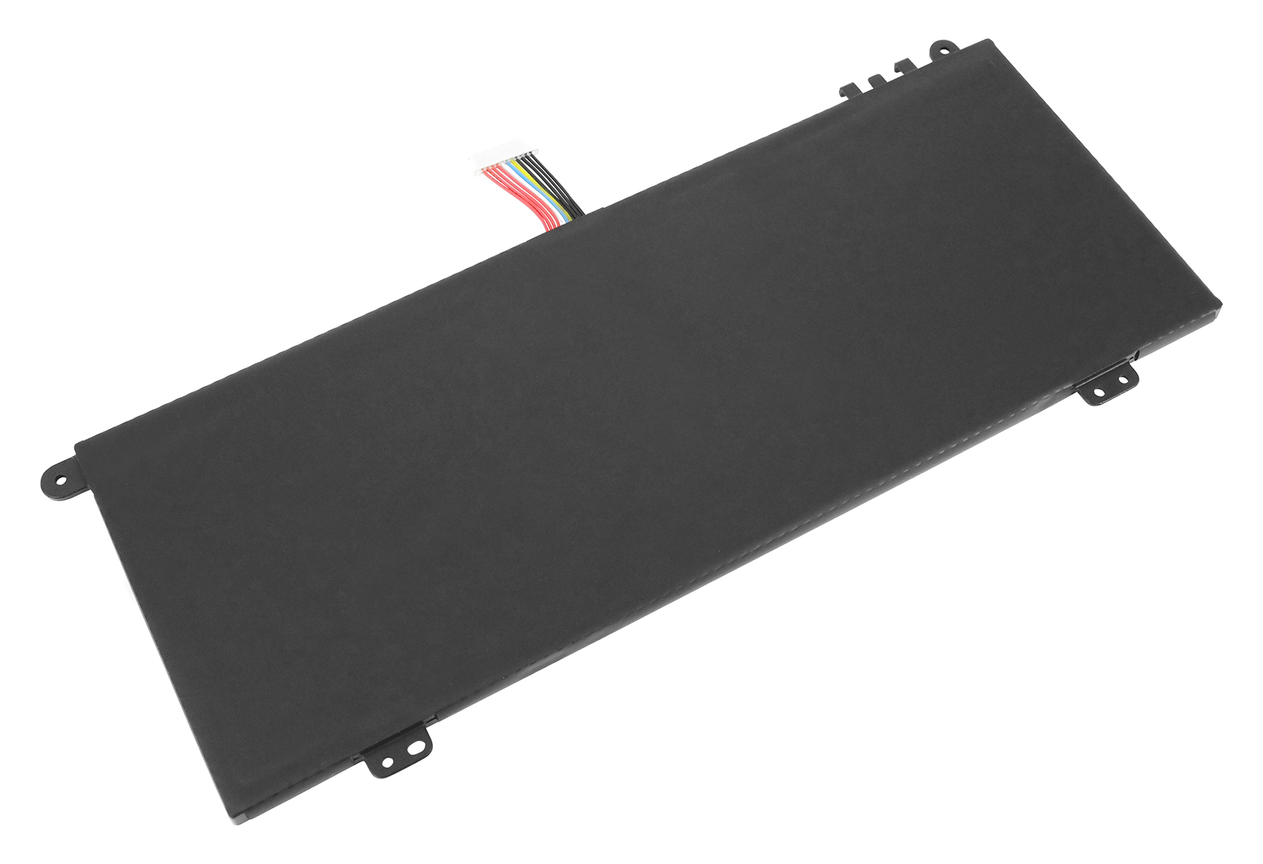 Schwarzer Laptop-Akku mit Anschlusskabel in verschiedenen Farben.