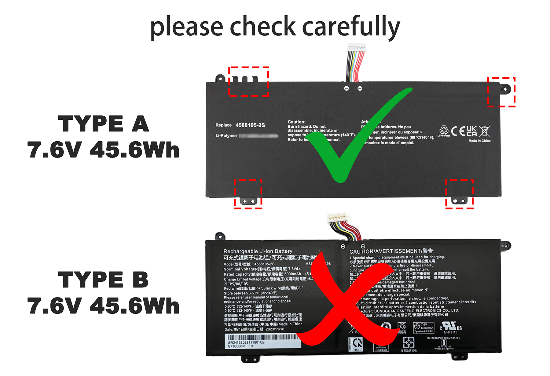 Zwei Laptop-Akkus, Typ A und Typ B, 7,6V 45,6Wh, mit Warnhinweisen.