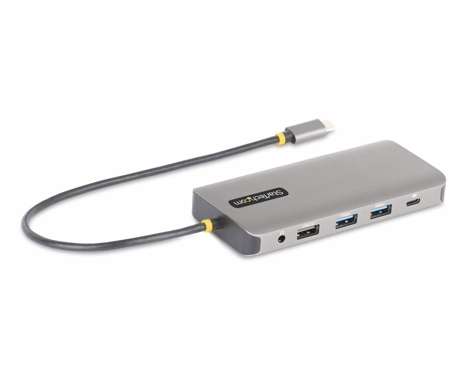 Grauer USB-C-Hub mit Kabel und Anschlüssen: USB 2.0, 5 Gpbs, 5 Gpbs, HDMI, USB-C.