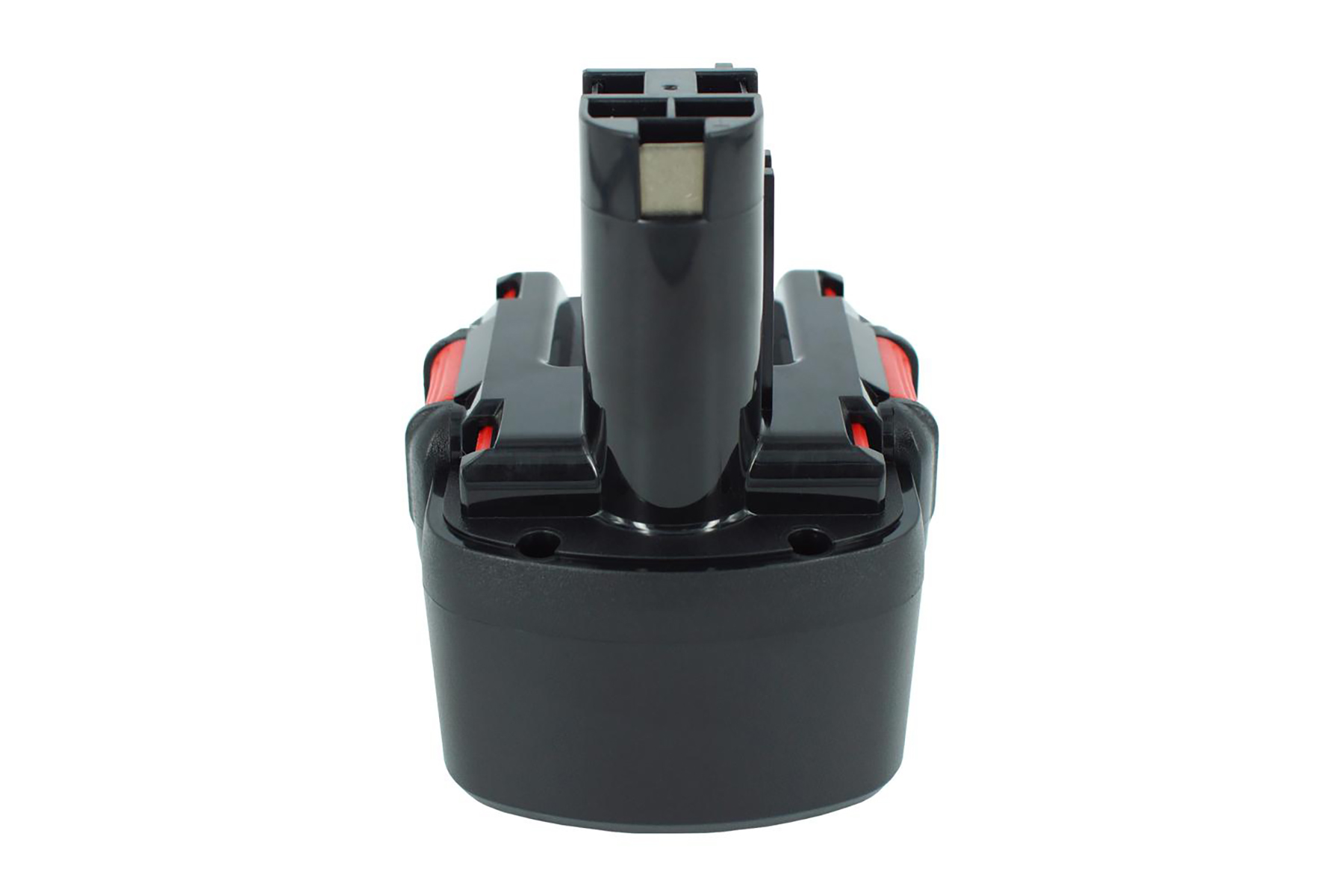 Schwarzer Akku mit roten Akzenten, auf weißem Hintergrund.