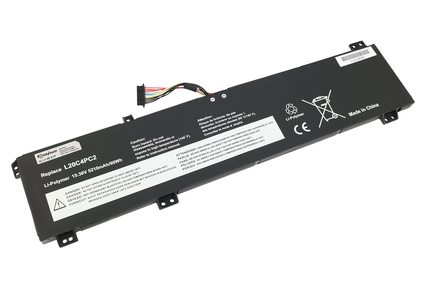Schwarzer Li-Polymer Laptop-Akku mit Kabeln und Warnhinweisen.