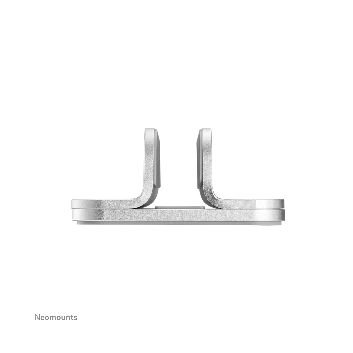 A silver stand with two vertical arms on a flat base.