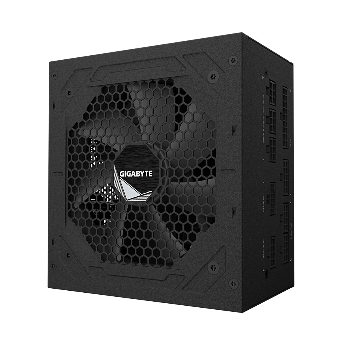 Black Gigabyte computer power supply unit with hexagonal fan grille and modular ports.
