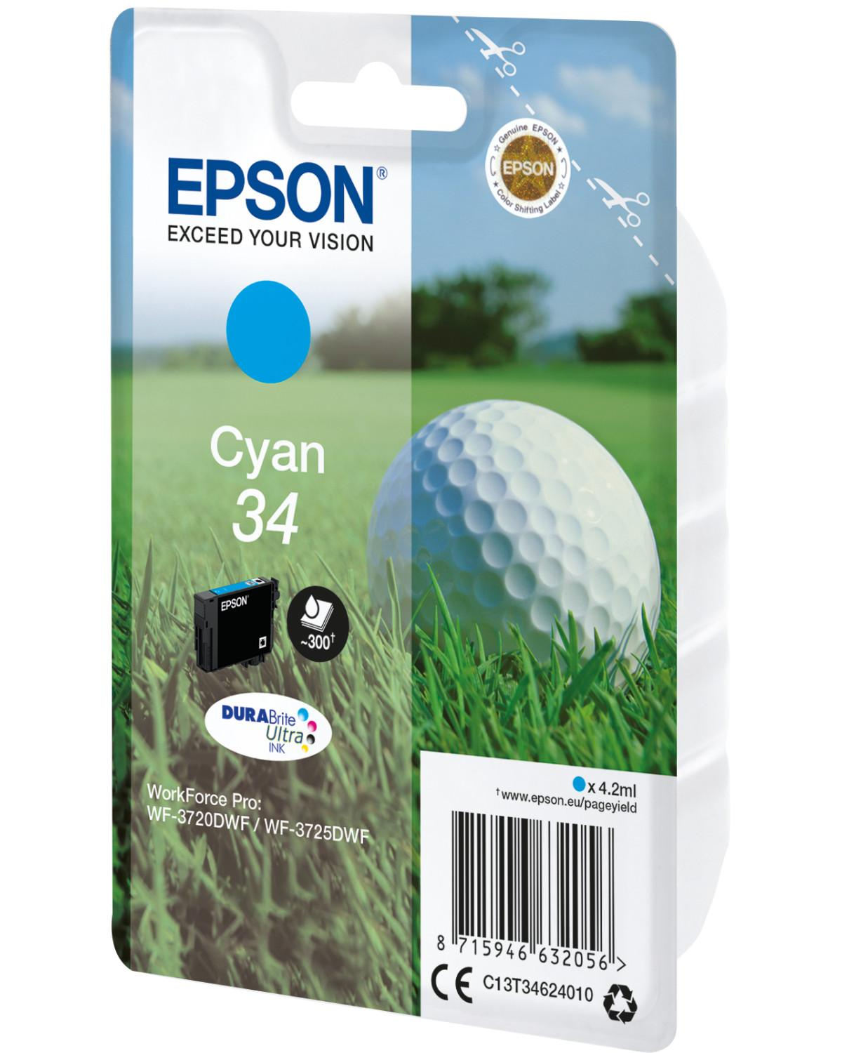 Confezione cartuccia inchiostro Epson Cyan 34 con pallina da golf e erba su campo.