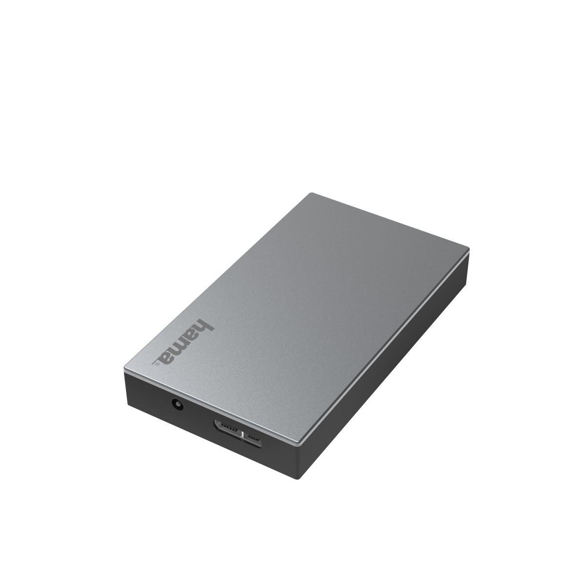 Graues externes Festplattengehäuse mit Hama-Logo und Anschlüssen.
