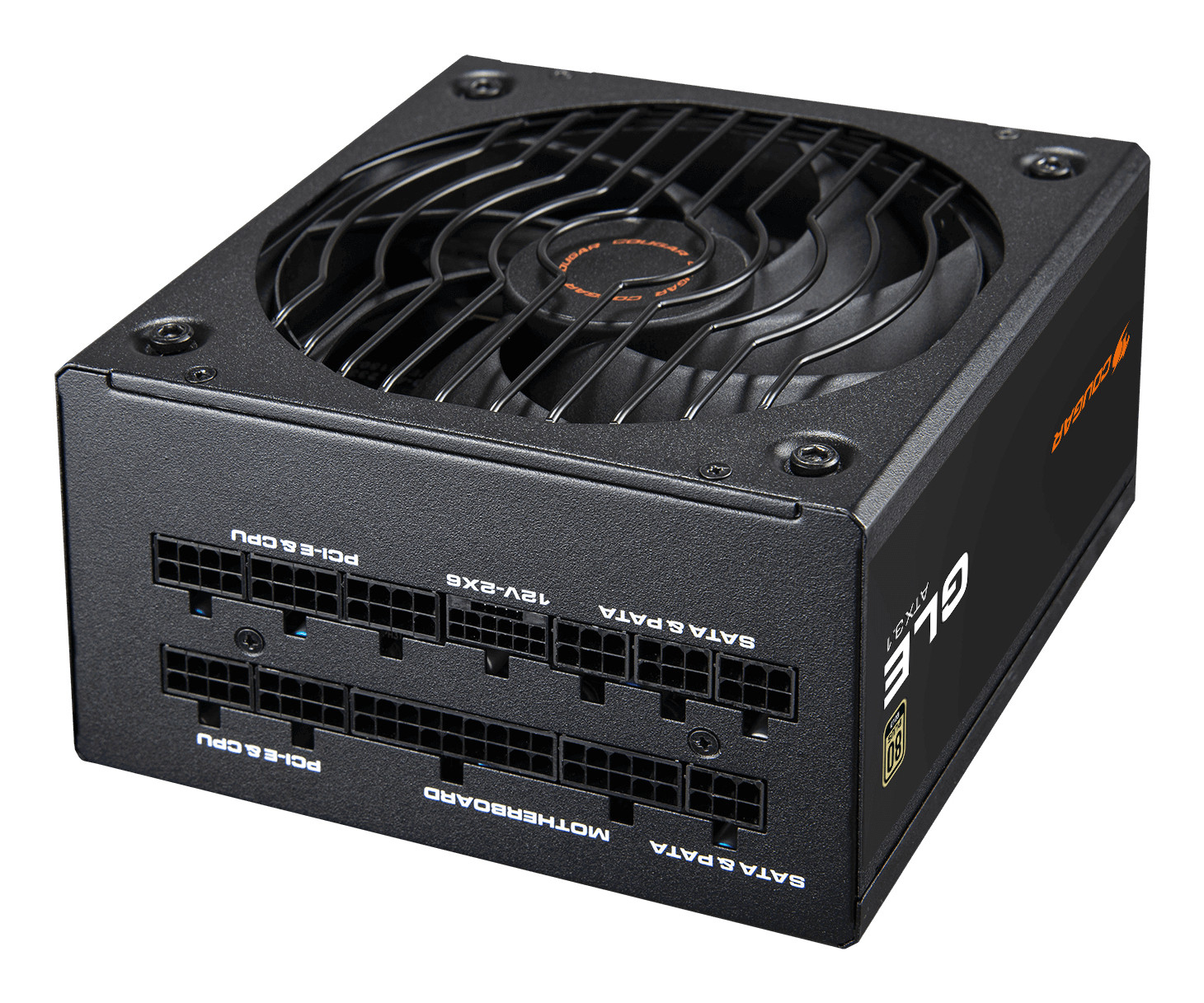 Zwarte Cougar GLE ATX 3.1 voeding met modulaire poorten voor PCIe, SATA, Moederbord.