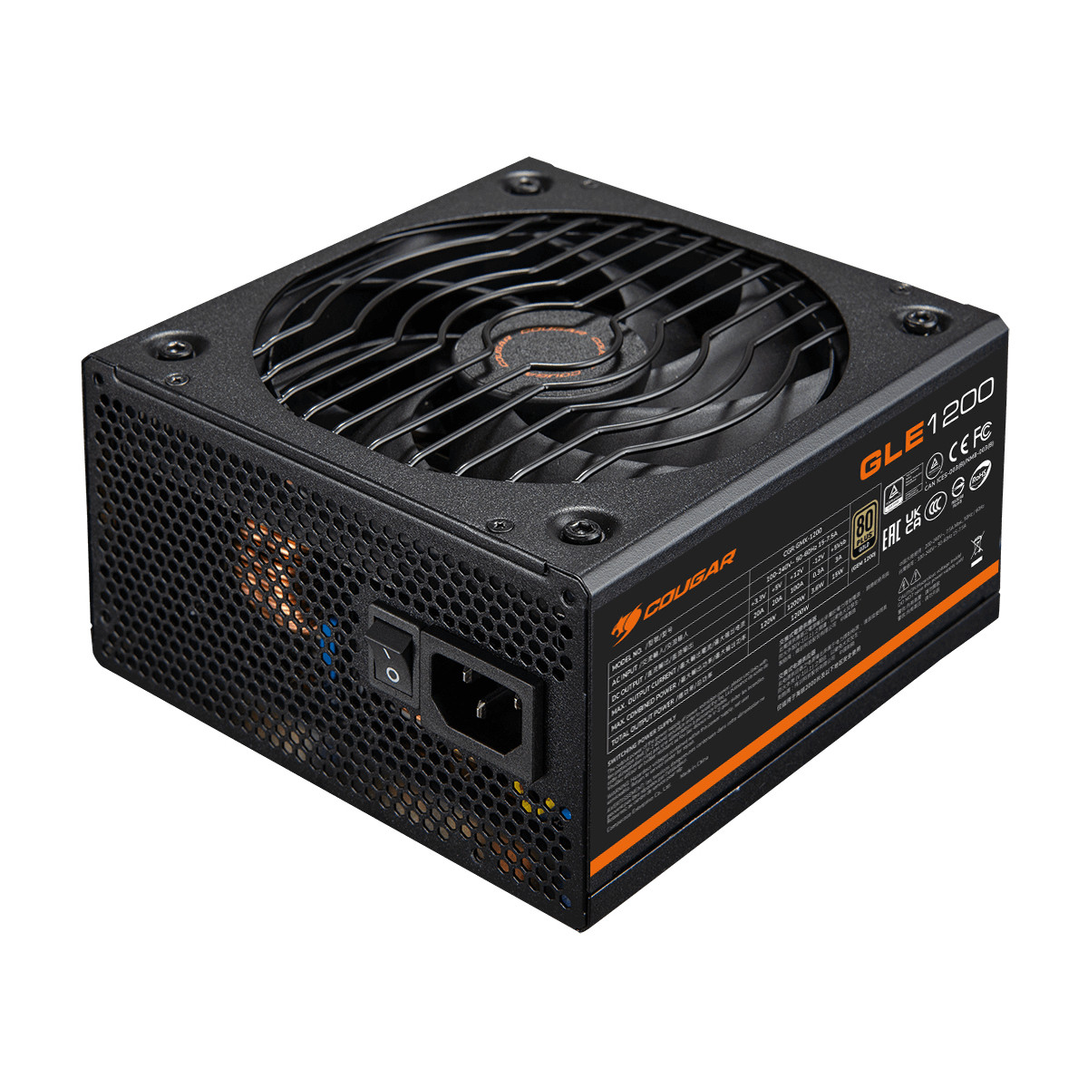 Zwarte computer voeding met ventilatorrooster en labels, met aan/uit schakelaar en connector.