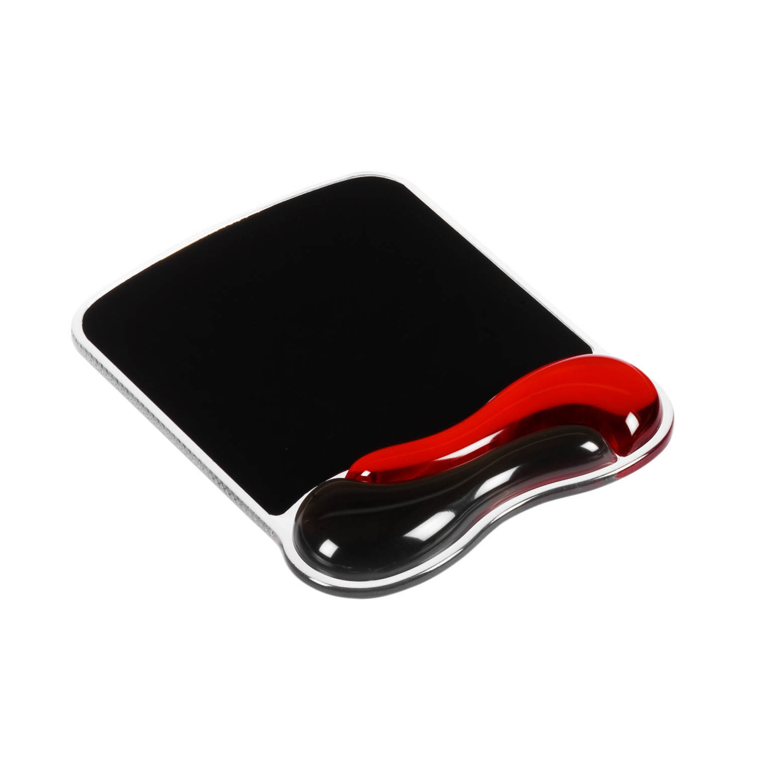 Alfombrilla de ratón negra con reposamuñecas ergonómico rojo y negro.