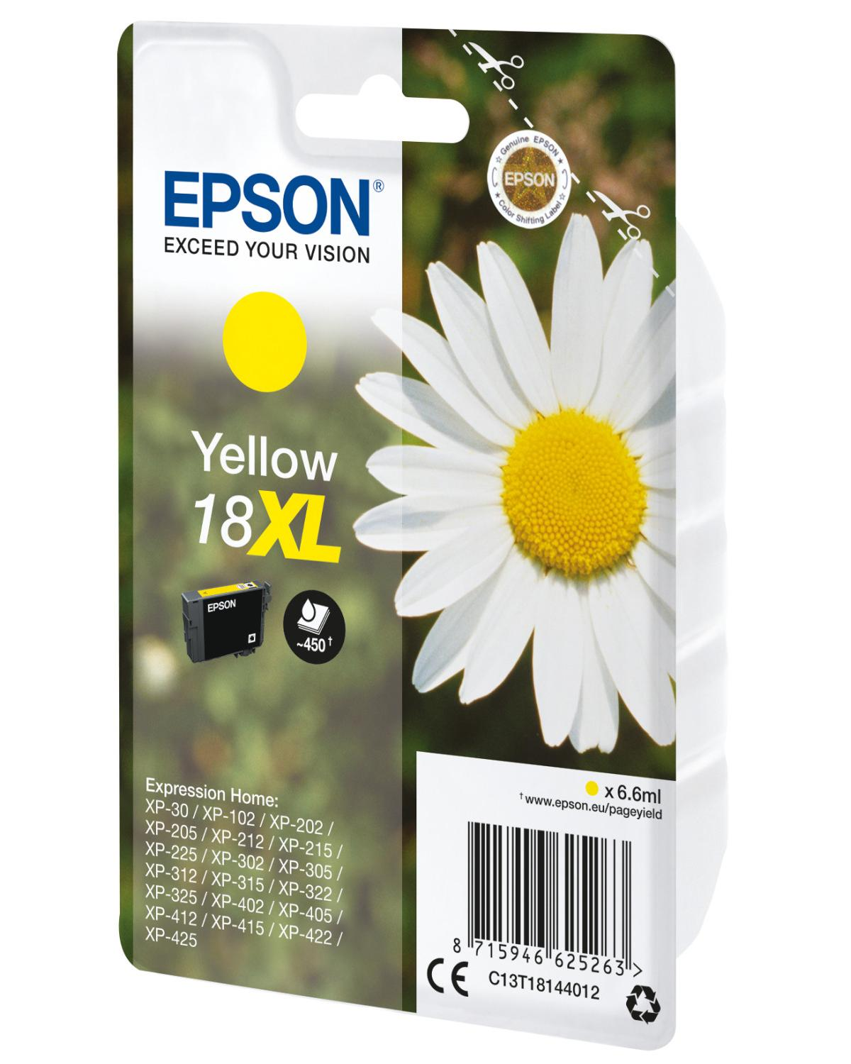 Żółty tusz Epson 18XL z stokrotką i logo Epson.