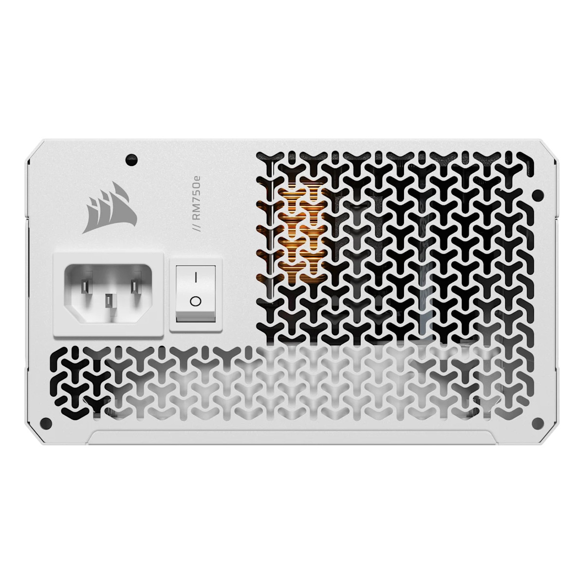 Une alimentation blanche avec entrée secteur, interrupteur et grille de ventilation.