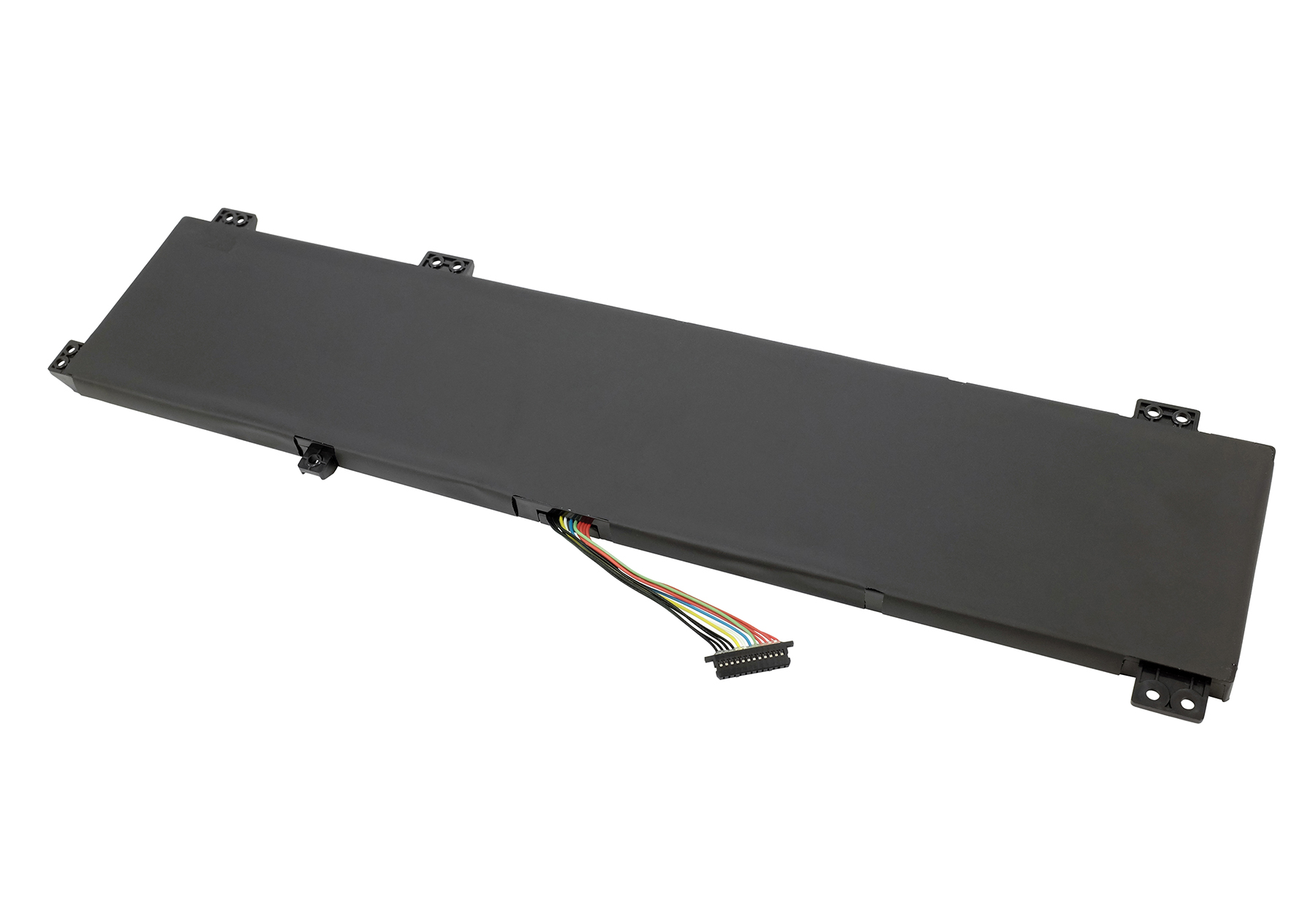 Schwarzer Laptop-Akku mit buntem Kabelstecker und Befestigungslaschen.