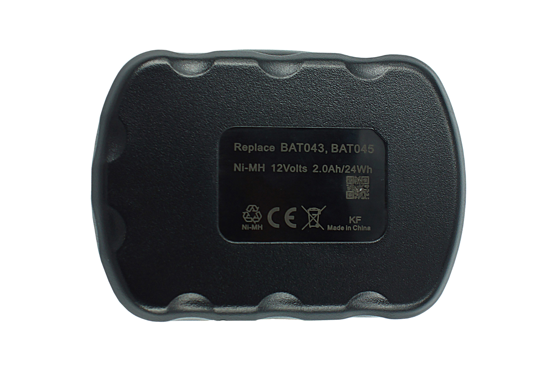 Schwarzer Akku mit Aufdruck: Ni-MH 12V, 2.0Ah/24Wh, CE-Zeichen.