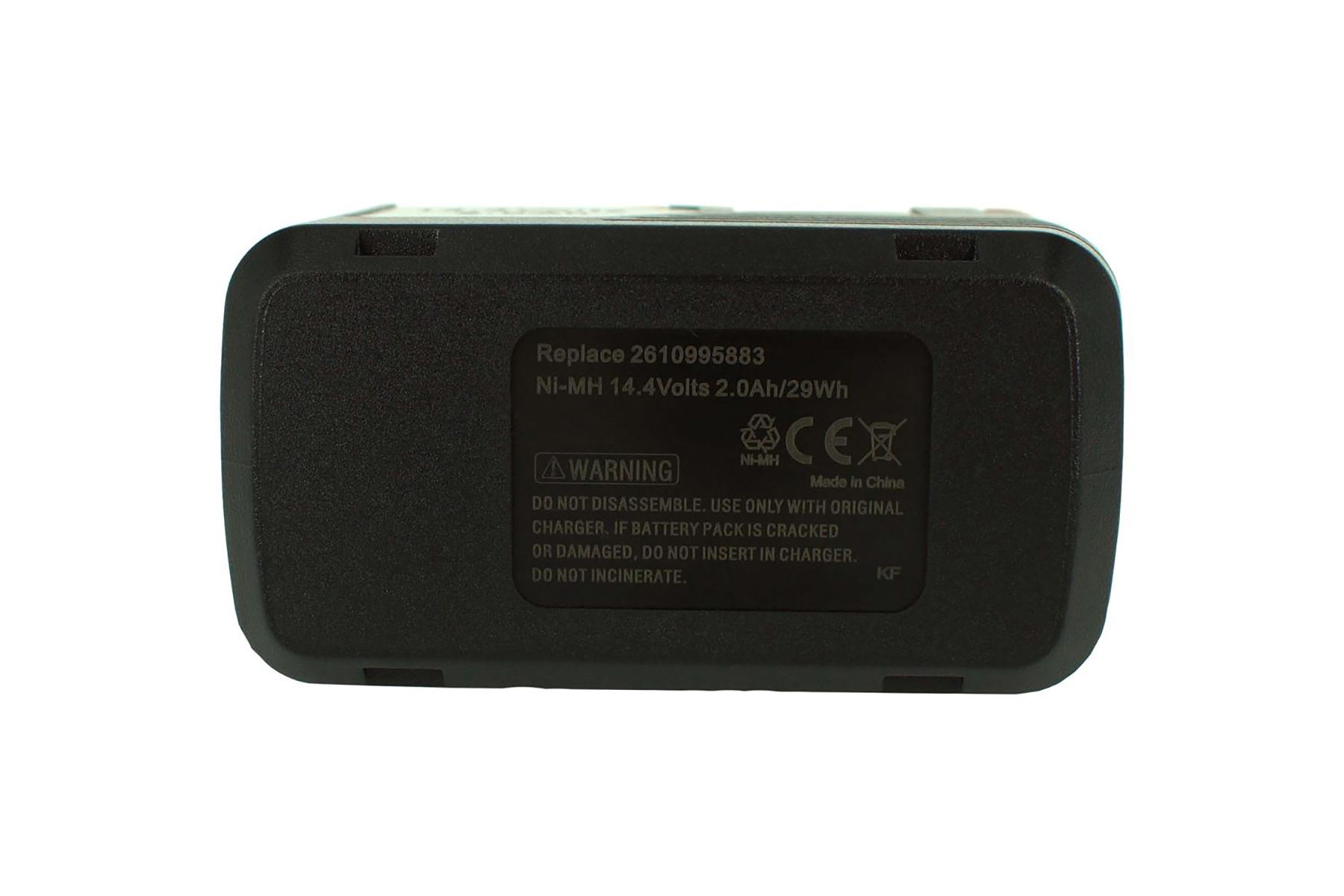 Schwarzer Akku mit 14,4V, 2,0Ah/29Wh, CE-Zeichen und Warnhinweisen.