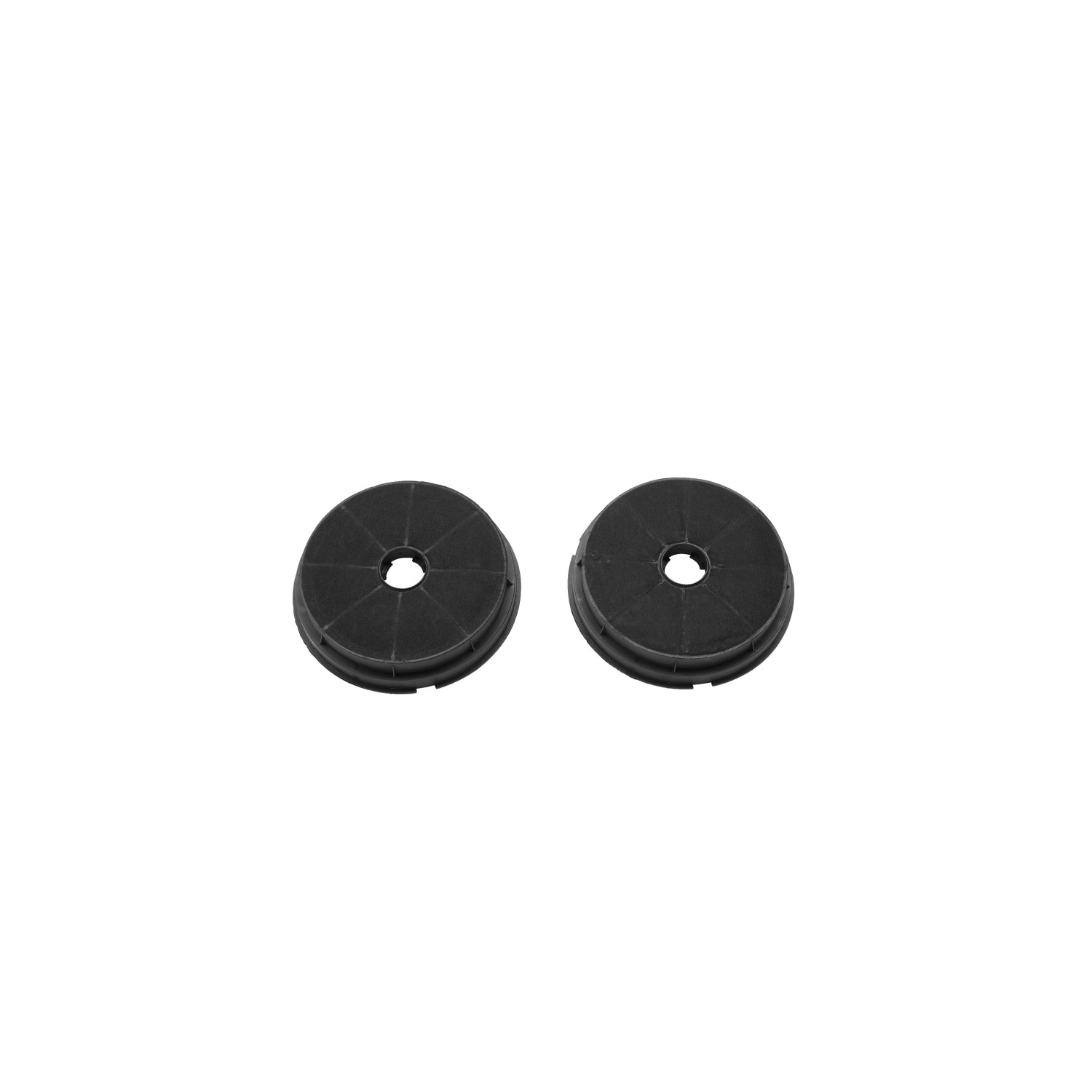 Two round, black activated carbon filters for cooker hoods.