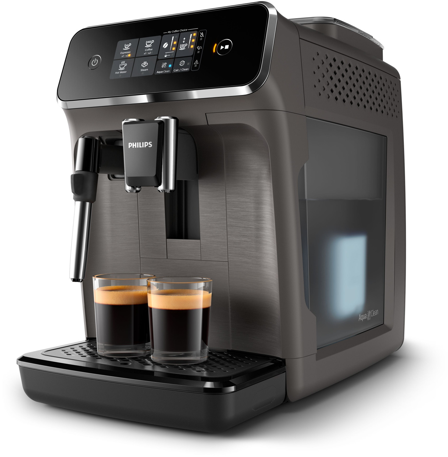 A dark grey coffee machine with two glasses of espresso and a touchscreen display.