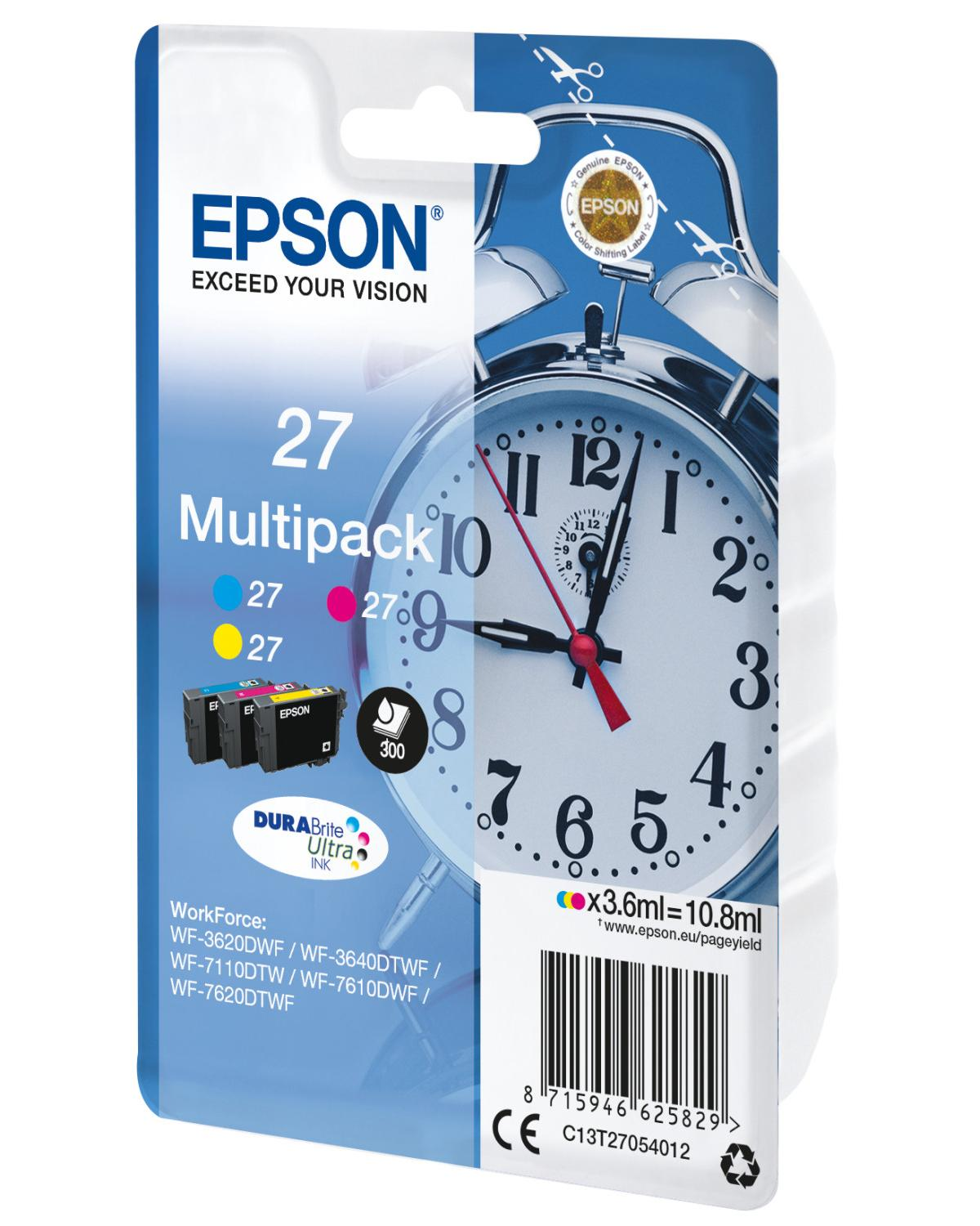 Epson 27 Multipack Tintenpatronen mit Wecker-Grafik und Produktdetails.