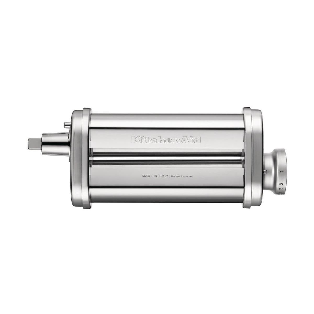 A silver KitchenAid pasta roller attachment with rollers and adjustment knob.