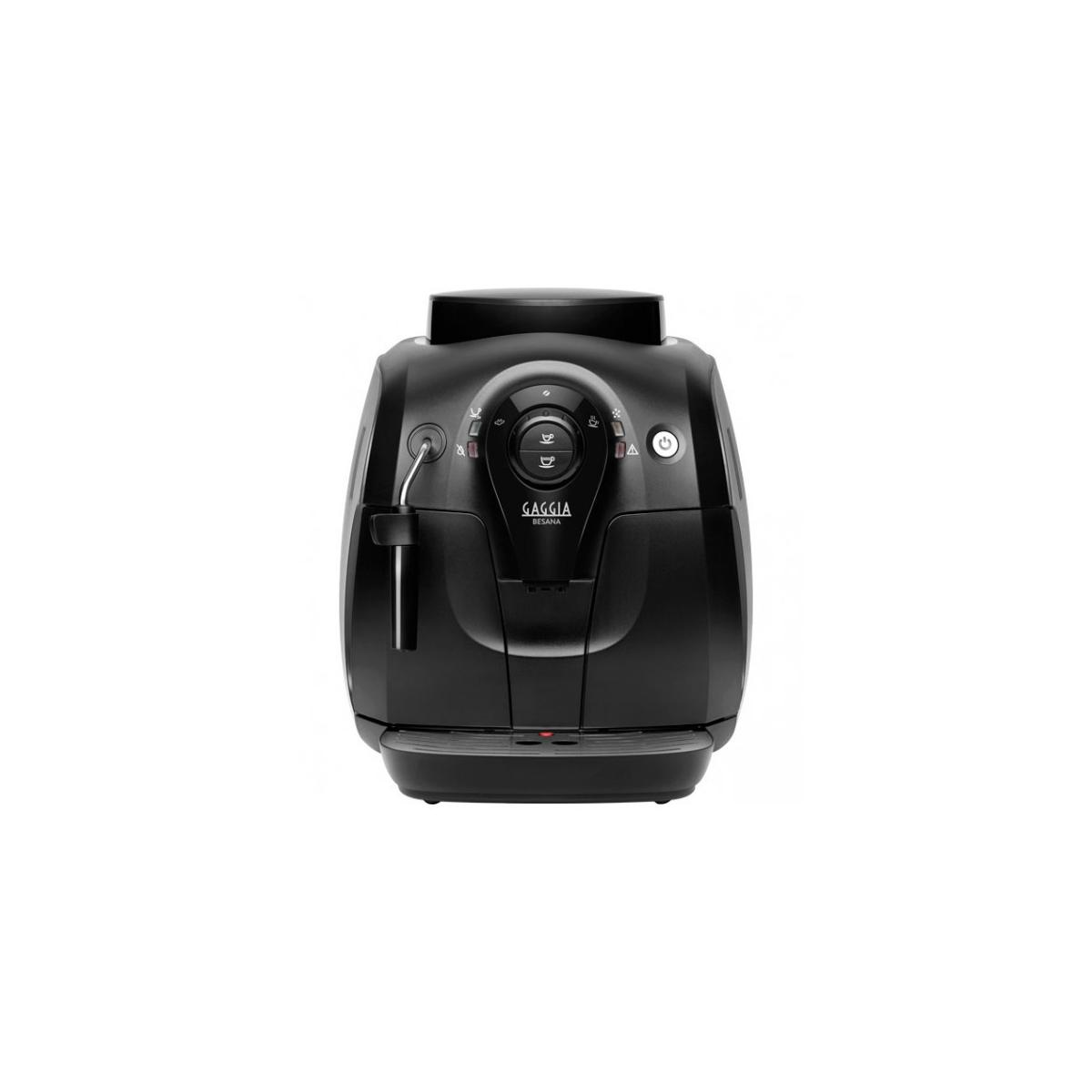 Macchina per espresso Gaggia nera con pannello di controllo e lancia vapore.