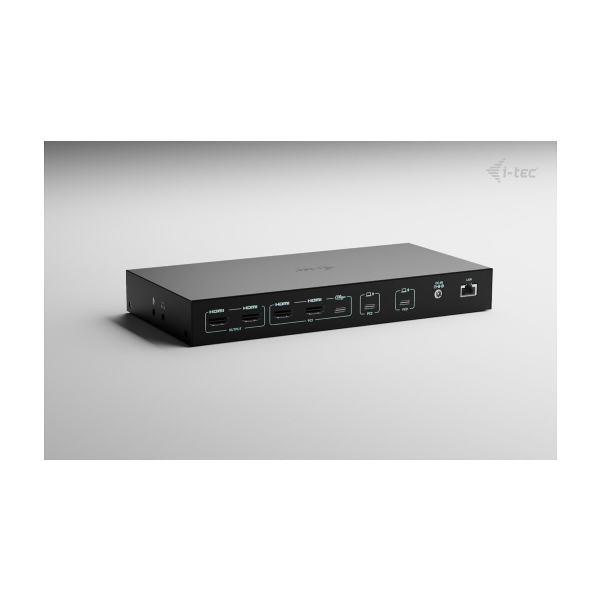 Switch HDMI nero con 4 ingressi e 1 uscita, porta di alimentazione CC e porta LAN.