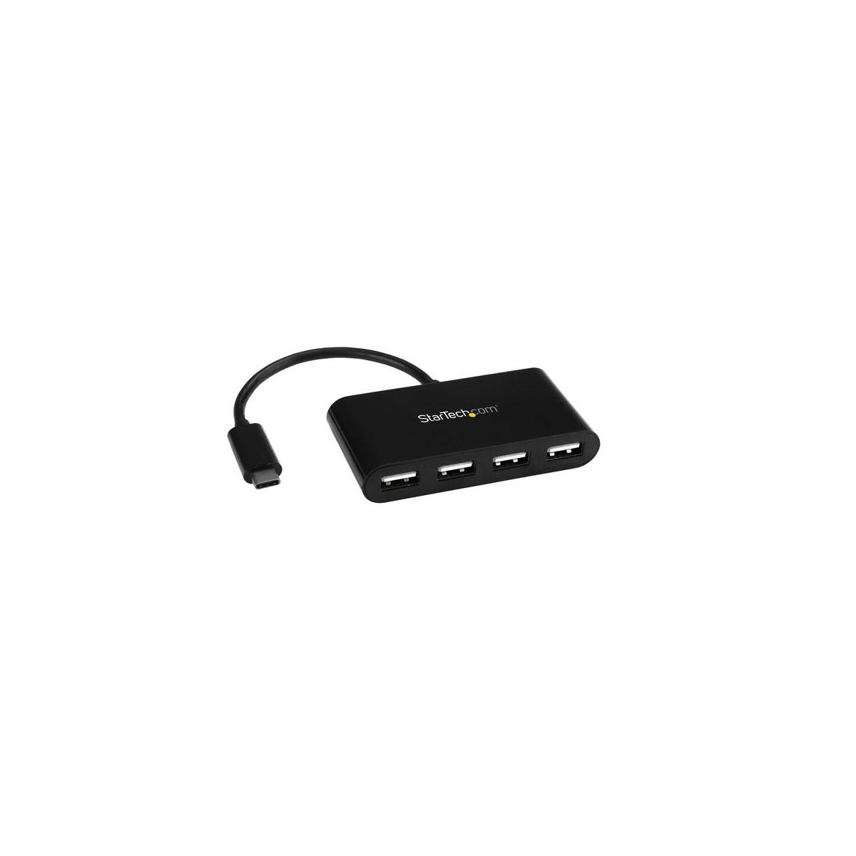 Hub USB StarTech.com nero con quattro porte USB-A e un connettore USB-C.