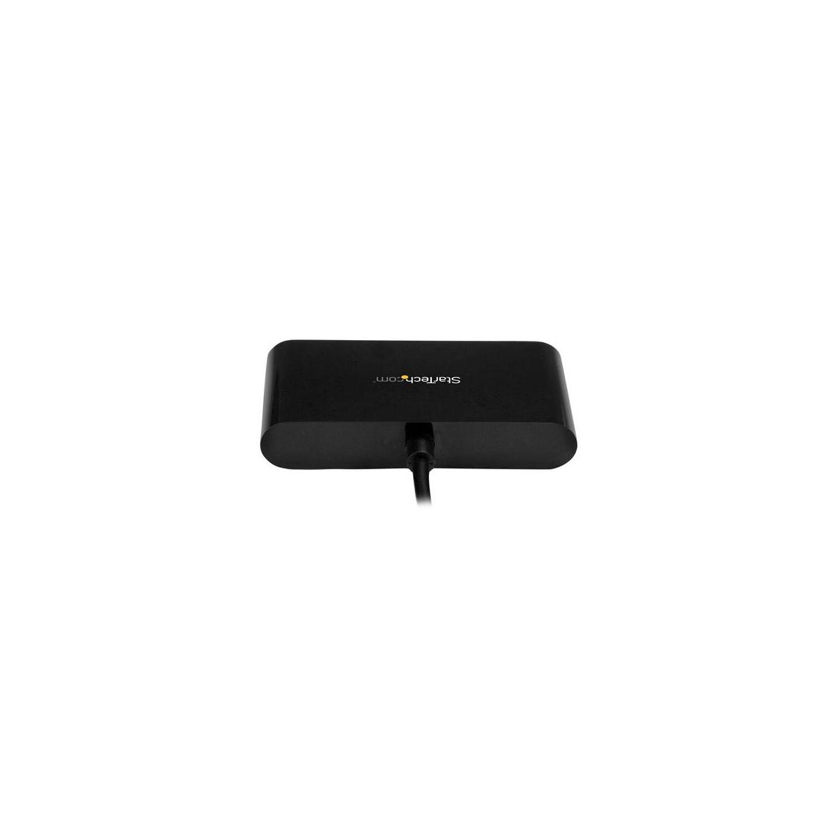 Un dispositivo nero StarTech.com con un cavo su sfondo bianco.
