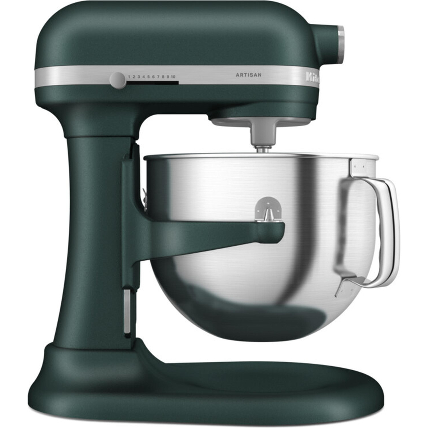 Eine dunkelgrüne KitchenAid Artisan Küchenmaschine mit Silberschüssel und Einstellknopf.