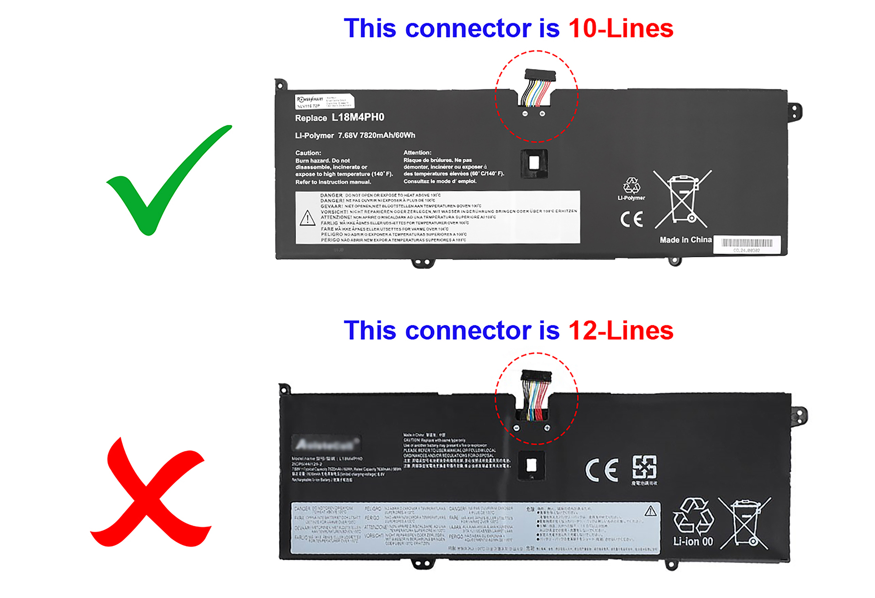Zwei Laptop-Akkus nebeneinander, einer mit 10-poligem, der andere mit 12-poligem Stecker.