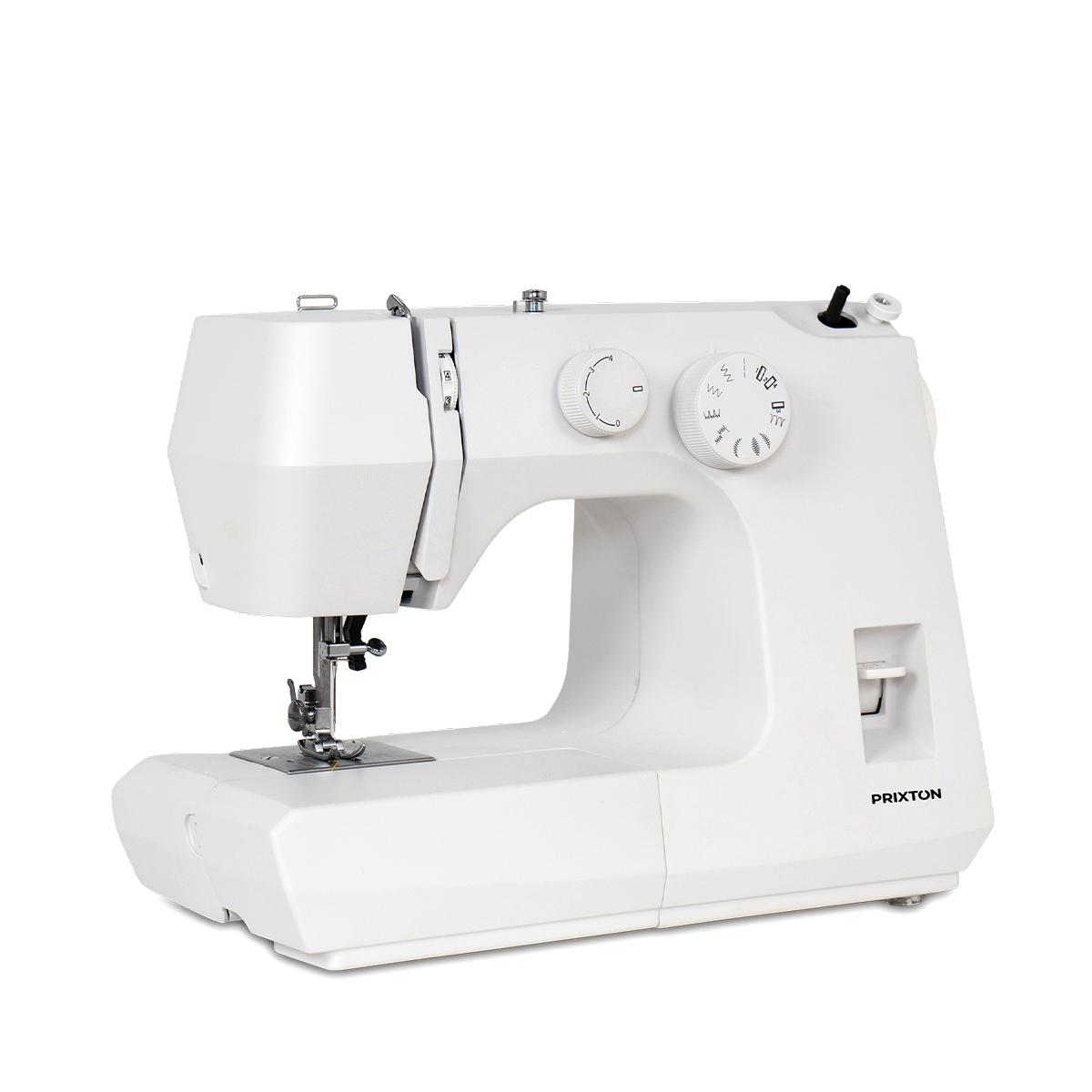 Une machine à coudre blanche avec des molettes de réglage