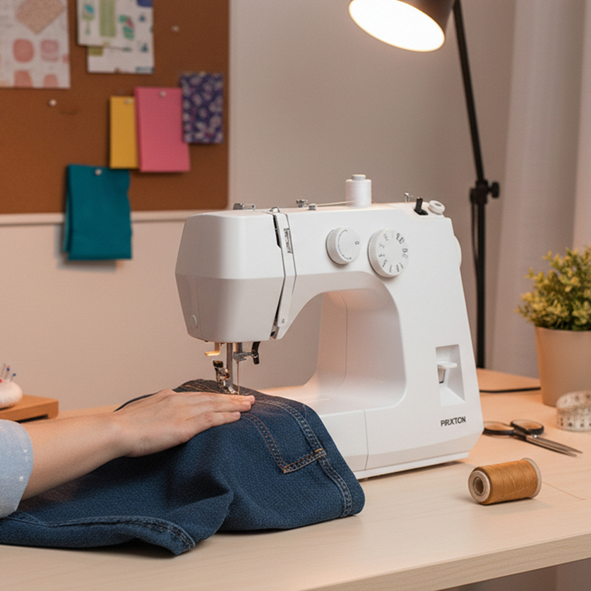 Une machine à coudre blanche coud un tissu en jean bleu. Près de là, une bobine de fil.