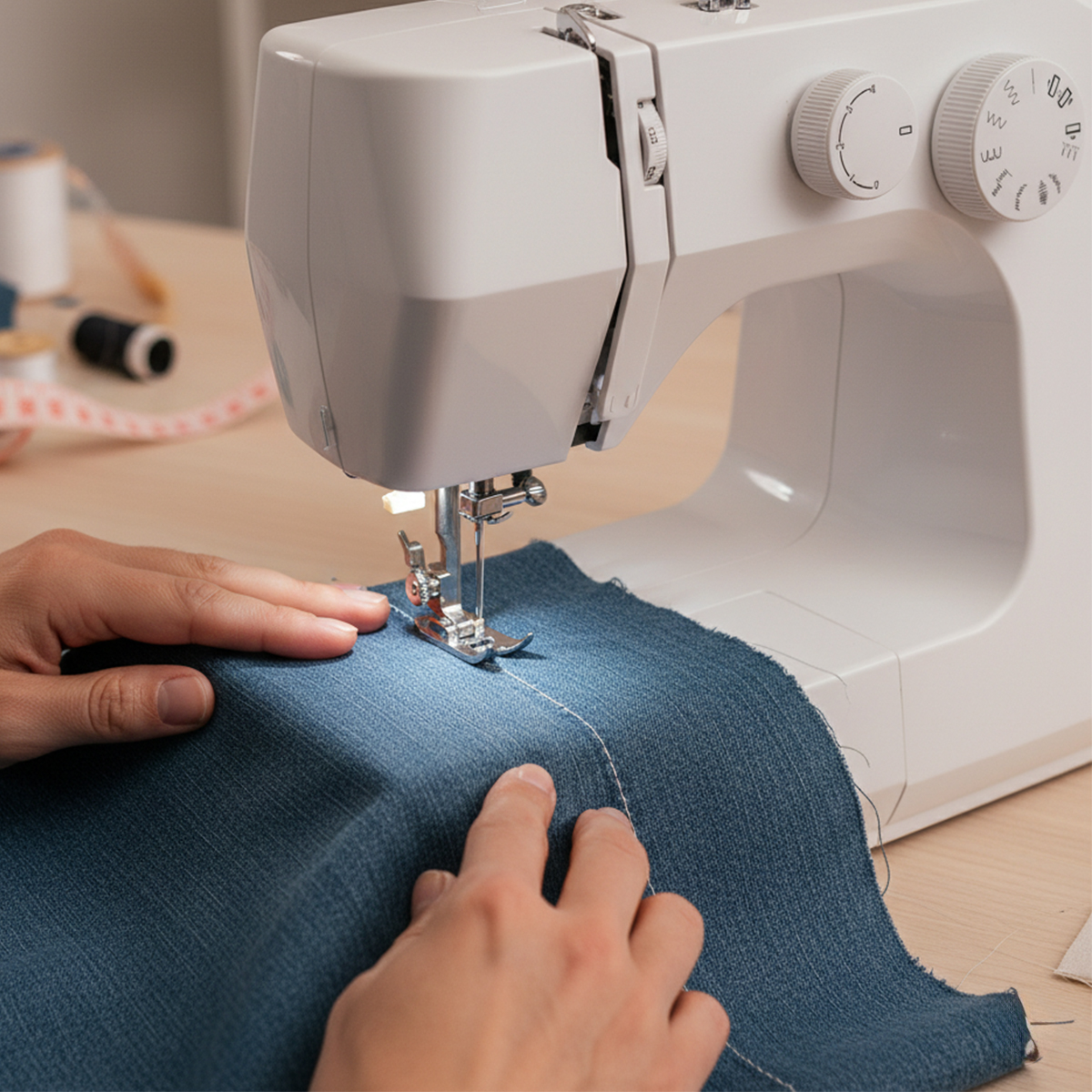 Mains guidant du tissu en jean bleu sous l'aiguille d'une machine à coudre blanche.