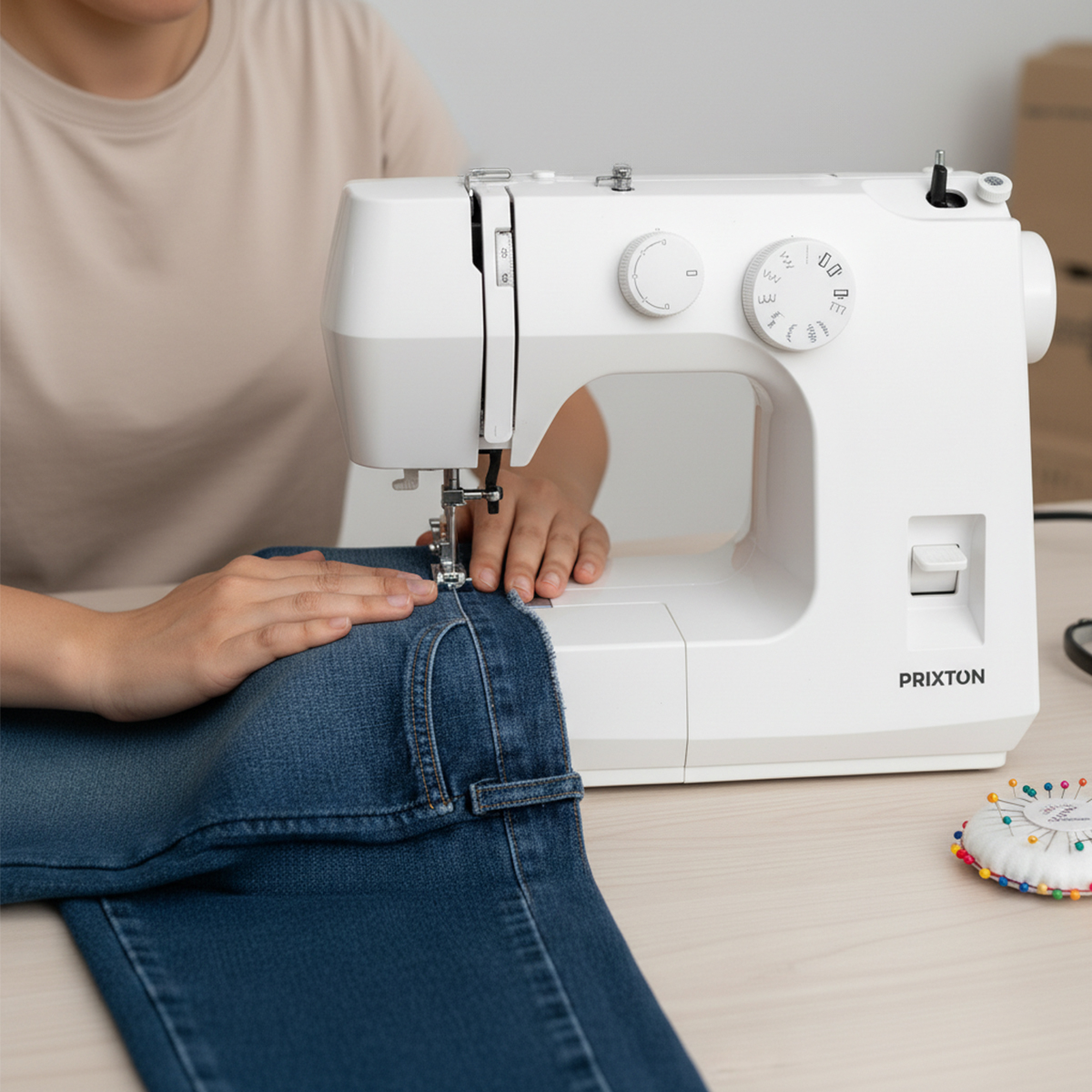 Une personne coud un jean bleu avec une machine à coudre blanche sur une table.