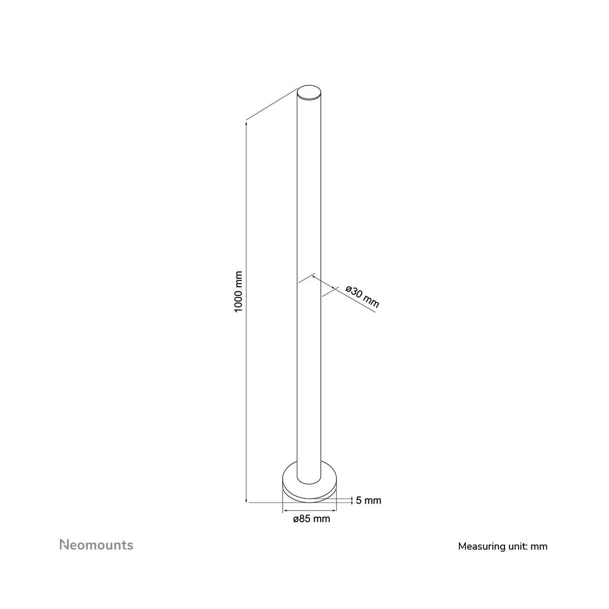 Technische tekening van een 1000 mm lange paal, 30 mm diameter, met 85 mm basis.
