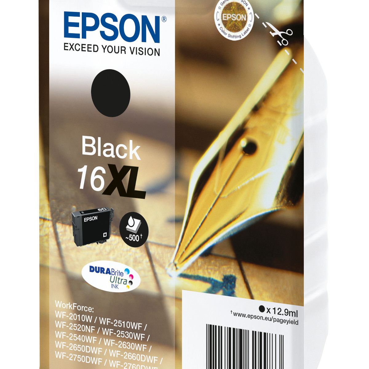 Epson 16XL Zwarte inktcartridge met penpuntontwerp en printercompatibiliteitslijst.