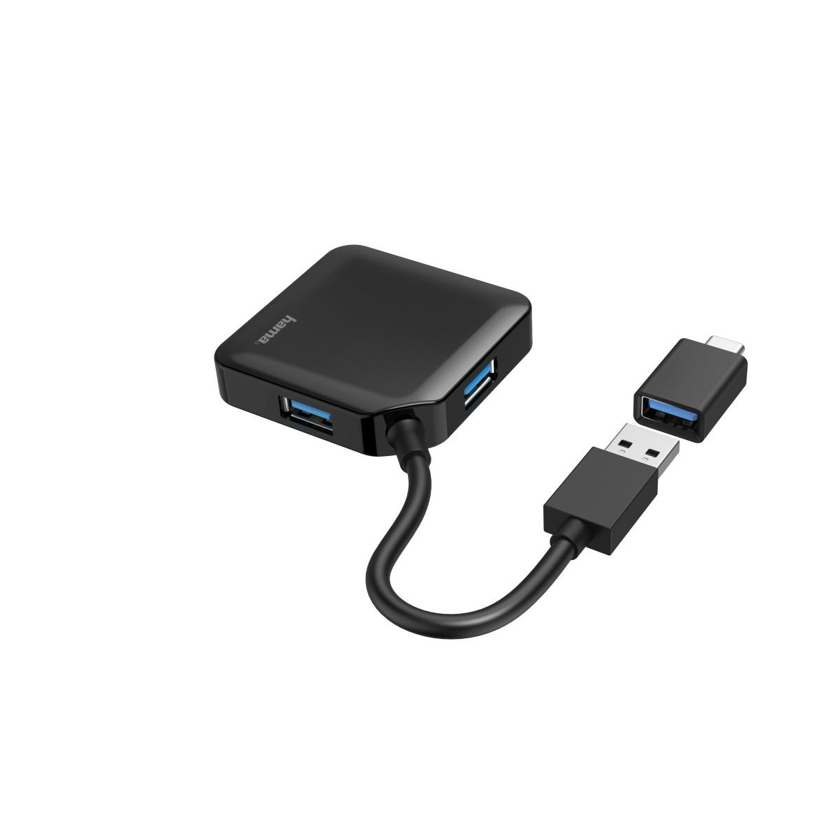 Czarny koncentrator USB-C z trzema portami i kablem USB-A.