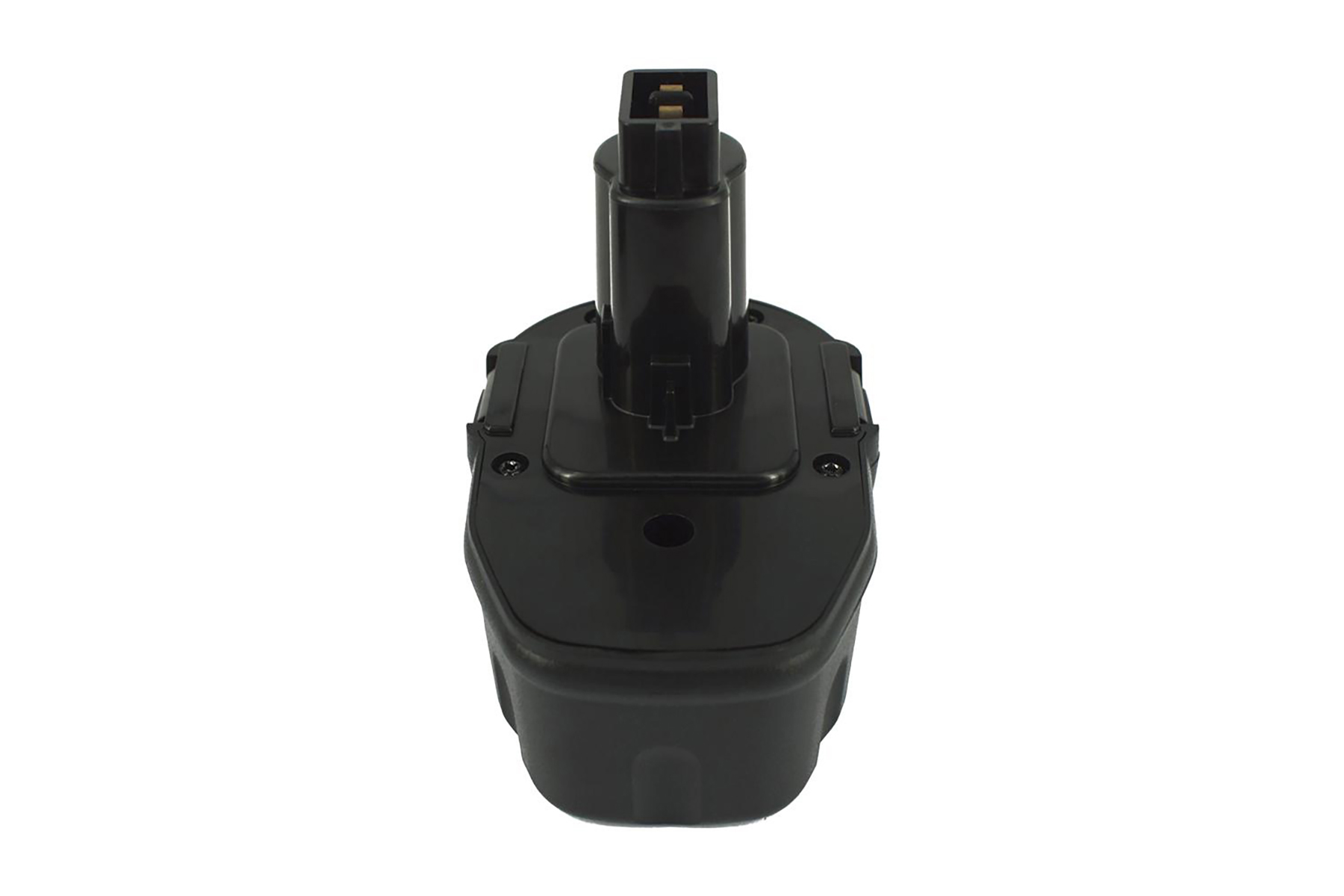 Schwarzer, rechteckiger Akku mit einem Stecker oben.