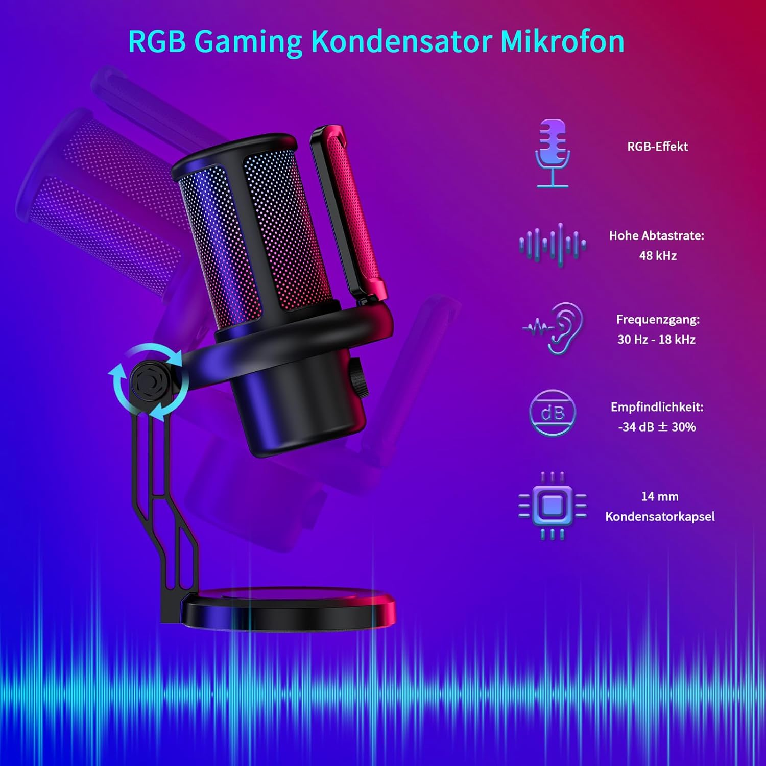Ein RGB Gaming Kondensatormikrofon mit Standfuß und technischen Spezifikationen.